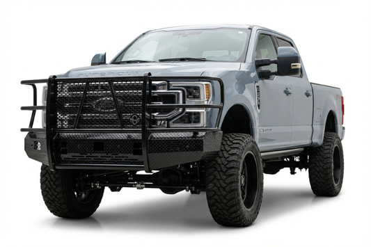 Ranch Hand FSF231BL1 Summit Series front bumper with full grille guard for 2023-2026 Ford F250 and F350 Super Duty, featuring diamond-plate steel and a black powder-coat finish.
