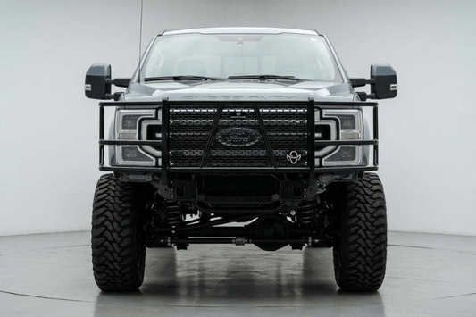 Ranch Hand FSF231BL1 Summit Series front bumper with full grille guard for 2023-2026 Ford F250 and F350 Super Duty, featuring diamond-plate steel and a black powder-coat finish.