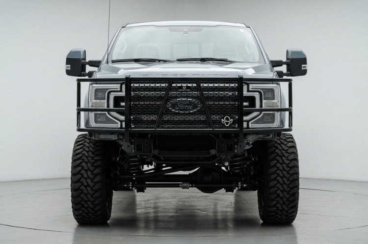 Ranch Hand FSF231BL1 Summit Series front bumper with full grille guard for 2023-2026 Ford F250 and F350 Super Duty, featuring diamond-plate steel and a black powder-coat finish.