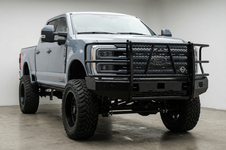 Ranch Hand FSF231BL1 Summit Series front bumper with full grille guard for 2023-2026 Ford F250 and F350 Super Duty, featuring diamond-plate steel and a black powder-coat finish.