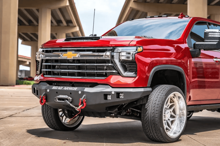 Road Armor Stealth front winch bumper 3242F0B for 2024–2026 Chevy Silverado 2500/3500, providing durable protection with integrated winch mount.