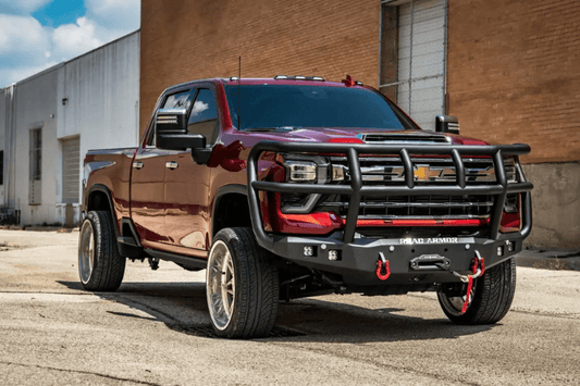 Road Armor Stealth front winch bumper Titan II Guard 3242F2B for 2024–2026 Chevy Silverado 2500/3500, designed for rugged protection with integrated winch mount.