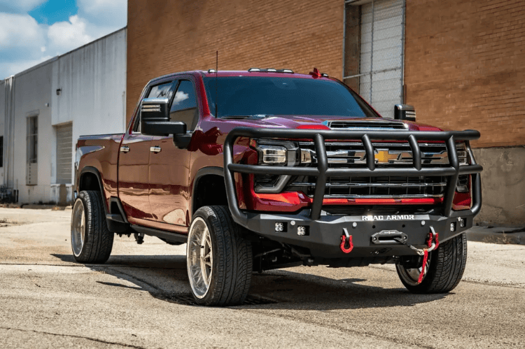 Road Armor Stealth front winch bumper Titan II Guard 3242F2B for 2024–2026 Chevy Silverado 2500/3500, designed for rugged protection with integrated winch mount.
