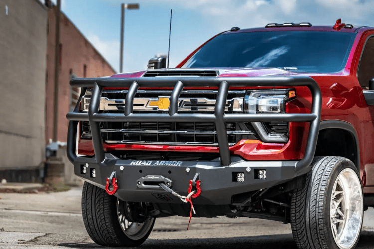 Road Armor Stealth front winch bumper Titan II Guard 3242F2B for 2024–2026 Chevy Silverado 2500/3500, designed for rugged protection with integrated winch mount.