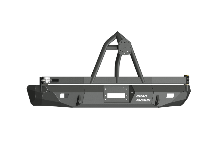Road Armor Stealth 61208B rear bumper replacement with spare tire carrier for 1999-2007 Ford Excursion – heavy-duty back bumper with rear winch mount, textured black finish, winch-ready design