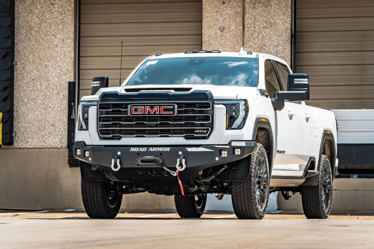 Road Armor 2242F0B front bumper for 2024–2026 GMC Sierra 2500/3500 — textured black winch bumper, a durable off-road bumper for serious front-end protection