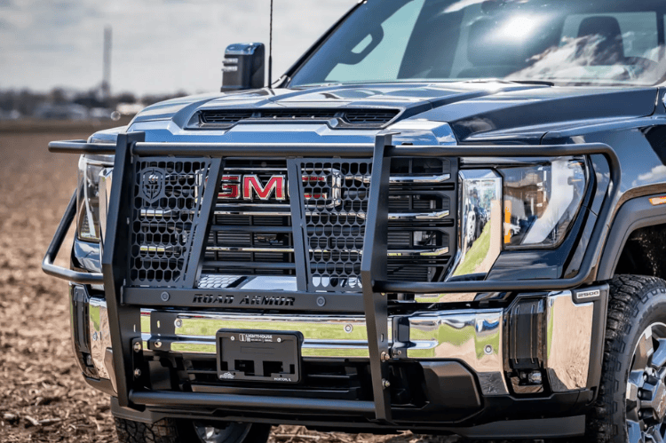 Road Armor Vaquero heavy duty brush guard front grille guard on 2020–2026 GMC Sierra 2500/3500 truck.