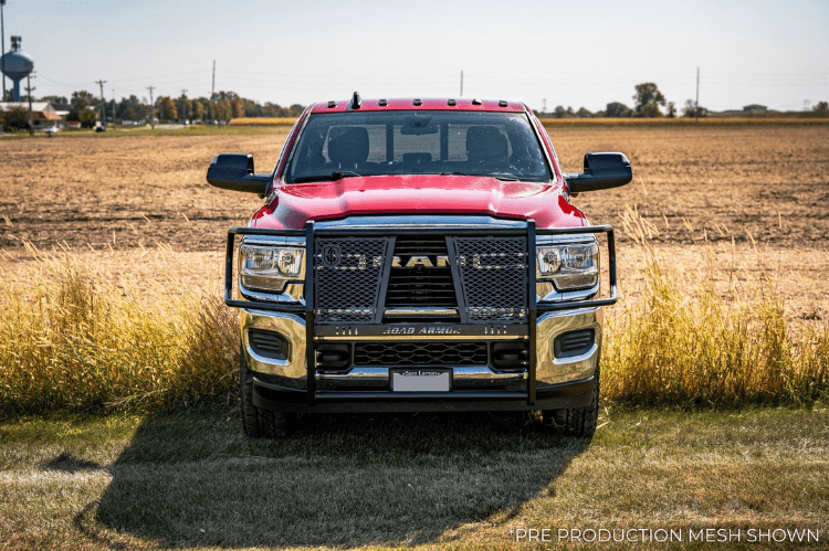 Road Armor Vaquero 4192-BRSH Front Brush Guard for 2019-2025 Ram 2500/3500 – Durable textured black grille guard, offering maximum front-end protection as a heavy-duty truck brush guard, non-winch compatible
