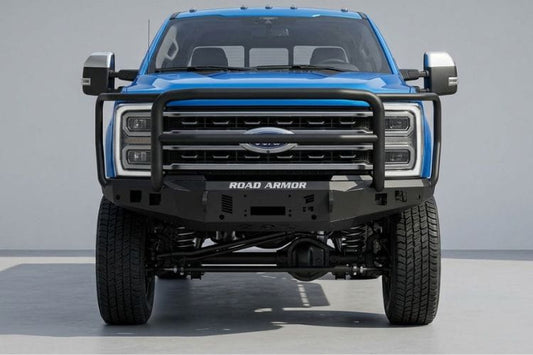 Front view of blue truck with Road Armor Stealth front bumper with Lonestar guard Ford F250 F350 Super Duty 2023-2026 winch ready