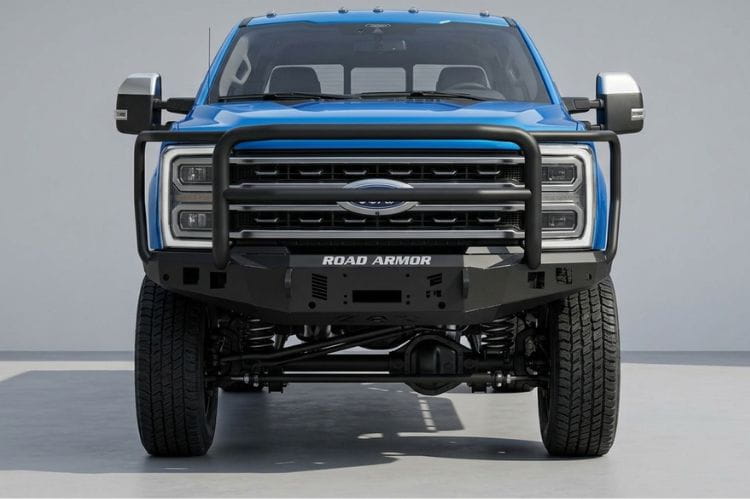 Front view of blue truck with Road Armor Stealth front bumper with Lonestar guard Ford F250 F350 Super Duty 2023-2026 winch ready