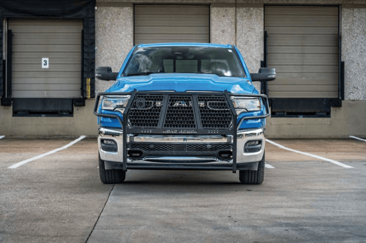 Road Armor Vaquero truck front grille guard with textured black road armor brush guard for Ram 1500