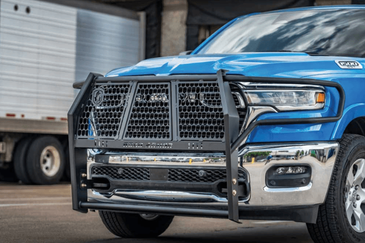 Road Armor Vaquero truck front grille guard with textured black road armor brush guard for Ram 1500