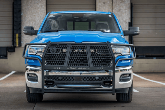 Road Armor Vaquero truck front grille guard with textured black road armor brush guard for Ram 1500