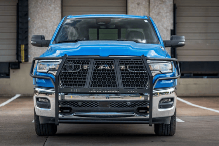 Road Armor Vaquero truck front grille guard with textured black road armor brush guard for Ram 1500