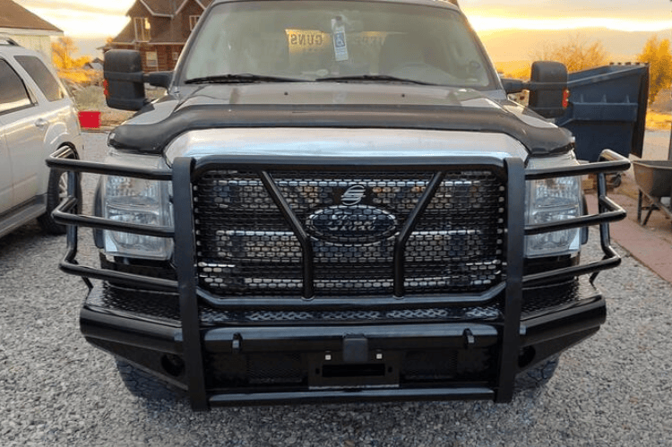 Front view of heavy-duty Steelcraft front bumper with winch ready receiver for Ford Super Duty 2011–2016