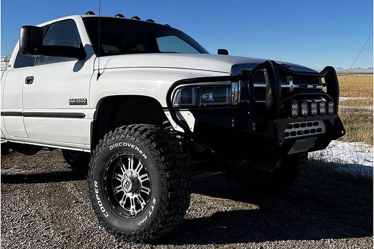 Throttle Down Kustoms Hurricane Front Bumper for 1994-2024 Dodge Ram 4500/5500, Heavy-duty Steel with Bull Bar Design.