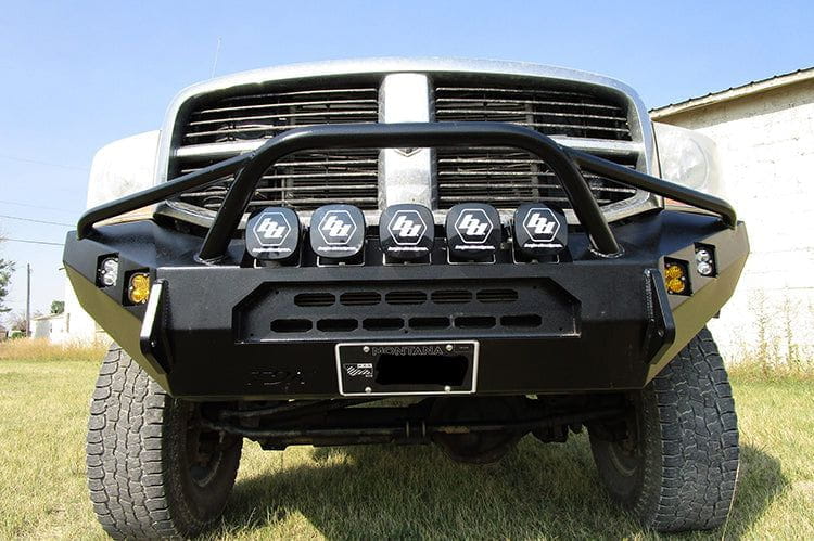 Throttle Down Kustoms Hurricane Front Bumper for 1994-2024 Dodge Ram 4500/5500, Heavy-duty Steel with Bull Bar Design.