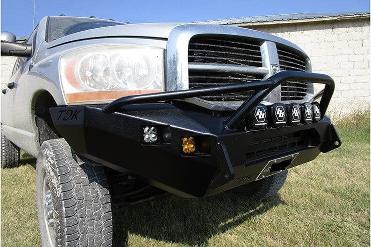 Throttle Down Kustoms Hurricane Front Bumper for 1994-2024 Dodge Ram 4500/5500, Heavy-duty Steel with Bull Bar Design.