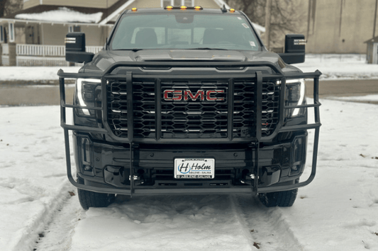 Thunder Struck heavy-duty grille guard GHD24-100CA for 2024+ GMC Sierra 2500HD/3500HD, compatible with camera for enhanced protection.