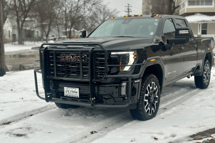 Thunder Struck heavy-duty grille guard GHD24-100CA for 2024+ GMC Sierra 2500HD/3500HD, compatible with camera for enhanced protection.