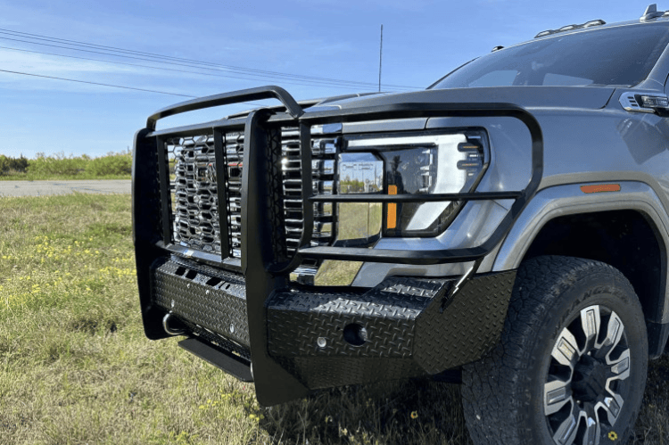 Thunder Struck front bumper Tread Elite Series GHD24-200PA CA for 2024+ GMC Sierra 2500HD/3500HD, compatible with park assist sensors and front view camera.