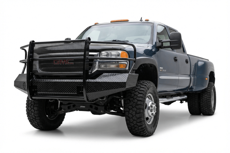 TrailFX FX3017 full replacement front bumper for 2007-2010 GMC Sierra 2500 and 3500 HD, featuring a heavy-duty grille guard and textured black powder-coat finish.