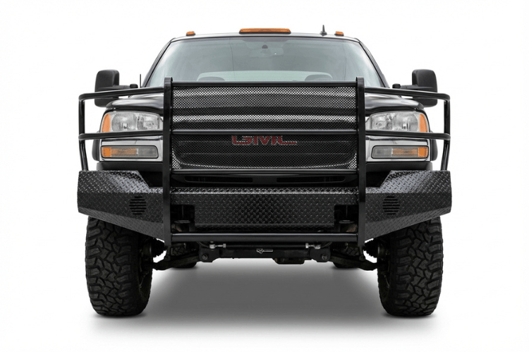 Front view of TrailFX FX3017 full replacement front bumper for 2007-2010 GMC Sierra 2500 and 3500 HD, featuring a heavy-duty grille guard and textured black powder-coat finish.