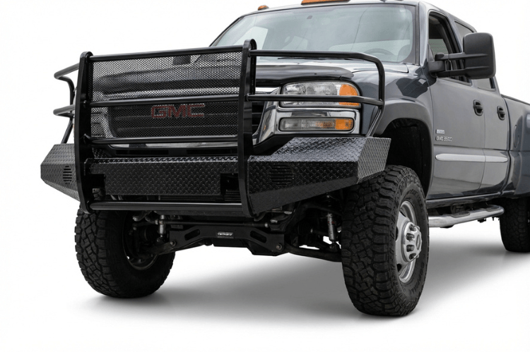 TrailFX FX3017 full replacement front bumper for 2007-2010 GMC Sierra 2500 and 3500 HD, featuring a heavy-duty grille guard and textured black powder-coat finish.