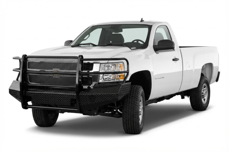 TrailFX FX3005 full replacement front bumper for 2007-2010 Chevy Silverado 2500 and 3500 HD, featuring a heavy-duty grille guard and textured black powder-coat finish.