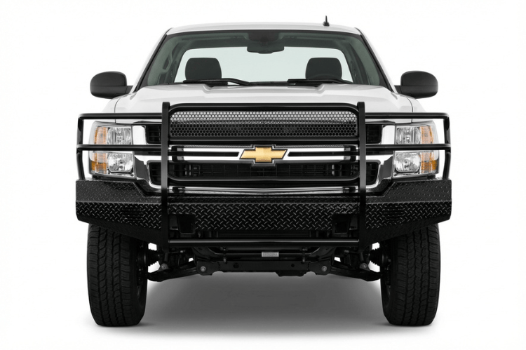 TrailFX FX3005 full replacement front bumper for 2007-2010 Chevy Silverado 2500 and 3500 HD, featuring a heavy-duty grille guard and textured black powder-coat finish.