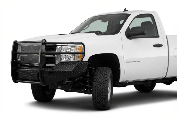 TrailFX FX3005 full replacement front bumper for 2007-2010 Chevy Silverado 2500 and 3500 HD, featuring a heavy-duty grille guard and textured black powder-coat finish.