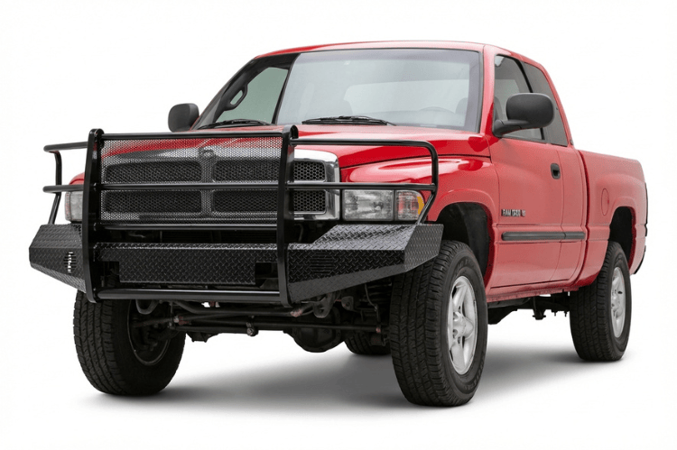 TrailFX FX3011A full replacement front bumper for 1994-2002 Dodge Ram 2500 and 3500 trucks, featuring a heavy-duty steel grille guard and textured black powder-coat finish.