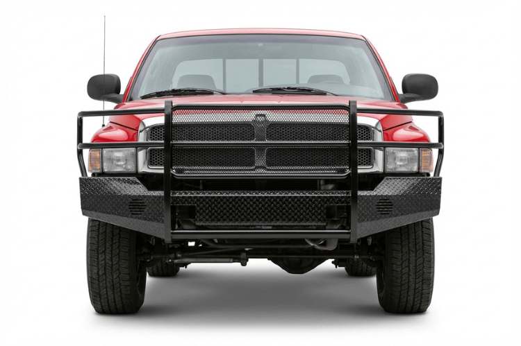 TrailFX FX3011A full replacement front bumper for 1994-2002 Dodge Ram 2500 and 3500 trucks, featuring a heavy-duty steel grille guard and textured black powder-coat finish.