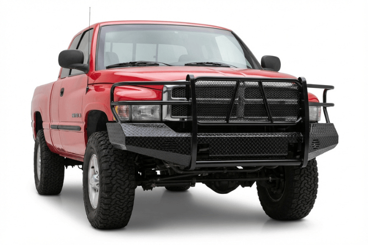 TrailFX FX3011A full replacement front bumper for 1994-2002 Dodge Ram 2500 and 3500 trucks, featuring a heavy-duty steel grille guard and textured black powder-coat finish.