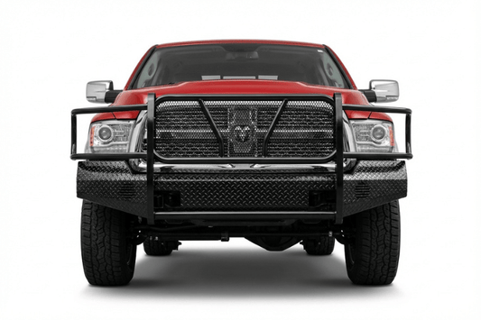 TrailFX FX3012 full replacement front bumper for 2009-2012 Dodge Ram 1500, featuring a heavy-duty steel grille guard and textured black powder-coat finish.