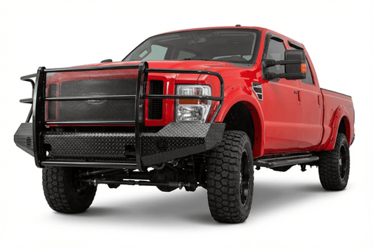 TrailFX FX3001A full replacement front bumper for 2008-2010 Ford F450 and F550 Super Duty commercial trucks, featuring a heavy-duty grille guard and black powder-coated steel finish.