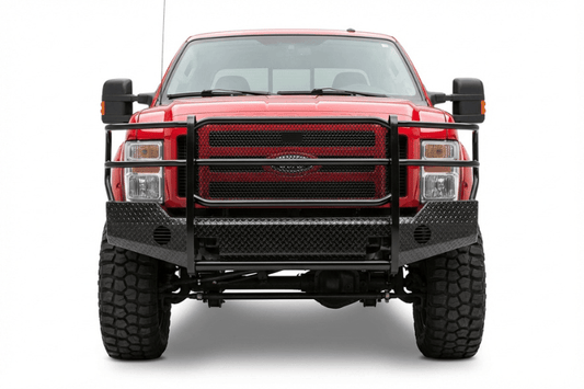 TrailFX FX3001A full replacement front bumper for 2008-2010 Ford F450 and F550 Super Duty commercial trucks, featuring a heavy-duty grille guard and black powder-coated steel finish.