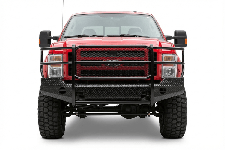 TrailFX FX3001A full replacement front bumper for 2008-2010 Ford F450 and F550 Super Duty commercial trucks, featuring a heavy-duty grille guard and black powder-coated steel finish.