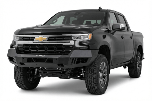 TrailFX FLDB009TI HD Series front bumper for 2019-2022 Chevy Silverado 1500, featuring a high-clearance off-road design and titanium black textured finish.