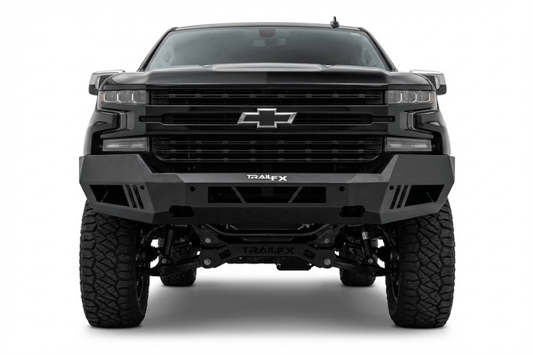 TrailFX FLDB009TI HD Series front bumper for 2019-2022 Chevy Silverado 1500, featuring a high-clearance off-road design and titanium black textured finish.