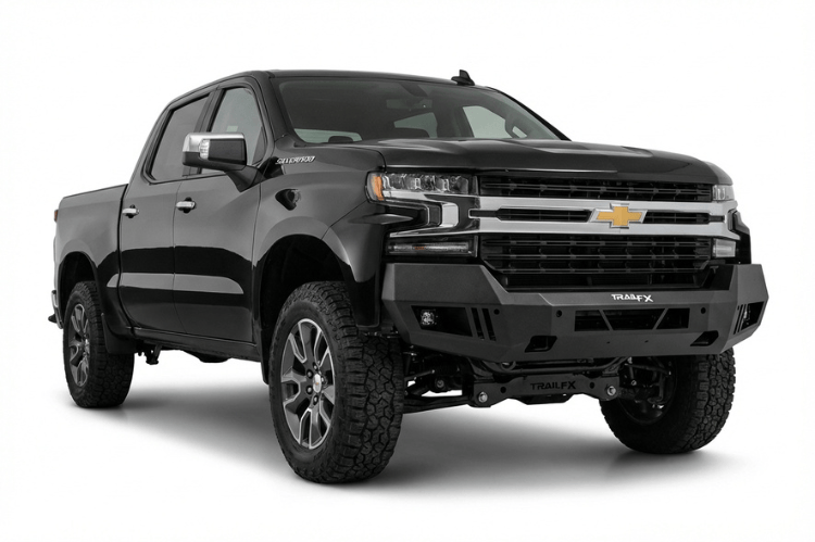TrailFX FLDB009TI HD Series front bumper for 2019-2022 Chevy Silverado 1500, featuring a high-clearance off-road design and titanium black textured finish.