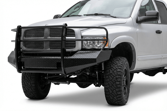 TrailFX FX3010 full replacement front bumper for 2003-2005 Dodge Ram 2500 and 3500, featuring a heavy-duty steel grille guard and textured black powder-coat finish.