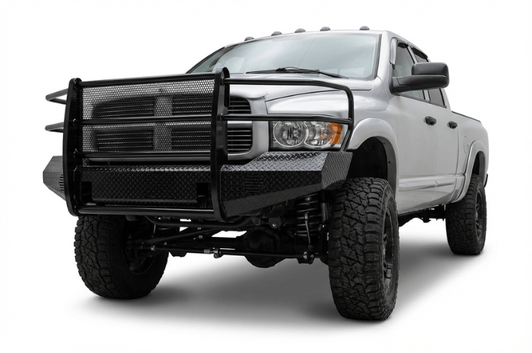 TrailFX FX3010 full replacement front bumper for 2003-2005 Dodge Ram 2500 and 3500, featuring a heavy-duty steel grille guard and textured black powder-coat finish.