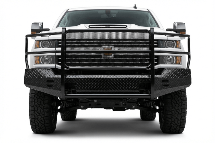 Front view of Heavy-duty TrailFX FX3021 front bumper installed on a 2015-2019 Chevrolet Silverado 3500 HD.
