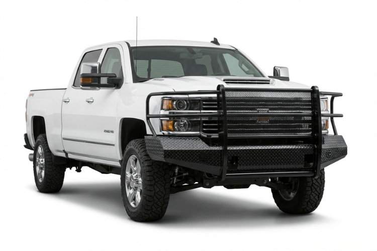 Heavy-duty TrailFX FX3021 front bumper installed on a 2015-2019 Chevrolet Silverado 3500 HD.