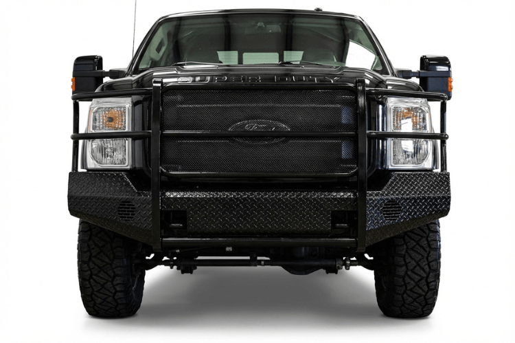 TrailFX FX3001A full replacement front bumper with integrated grille guard for 2008-2010 Ford F250 and F350 Super Duty, featuring a textured black powder-coat finish.