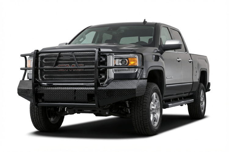TrailFX FX3022 full replacement front bumper for 2015-2019 GMC Sierra 2500 and 3500 HD trucks, black powder-coated steel with full grille guard protection.