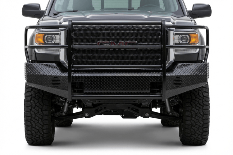 Front view of TrailFX FX3022 full replacement front bumper for 2015-2019 GMC Sierra 2500 and 3500 HD trucks, black powder-coated steel with full grille guard protection.