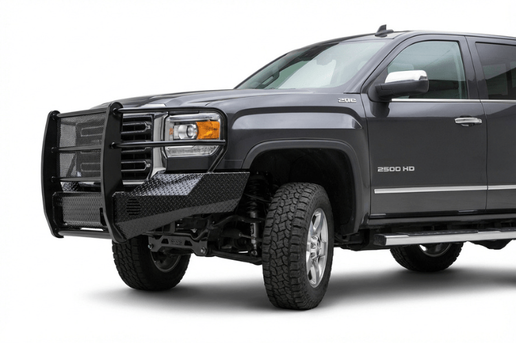 TrailFX FX3022 full replacement front bumper for 2015-2019 GMC Sierra 2500 and 3500 HD trucks, black powder-coated steel with full grille guard protection.