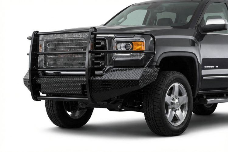 TrailFX FX3022 full replacement front bumper for 2015-2019 GMC Sierra 2500 and 3500 HD trucks, black powder-coated steel with full grille guard protection.
